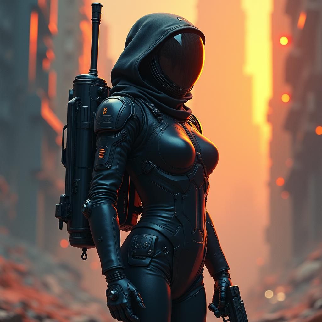 Futuristic Soldier in Cyberpunk Cityscape