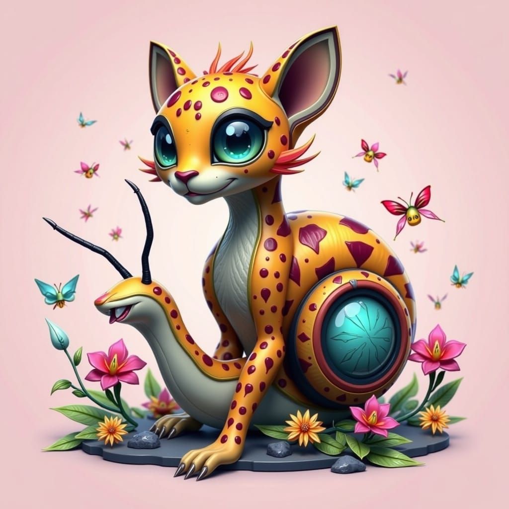 Vibrant Snail-Cheetah Hybrid in Whimsical Fantasy Setting