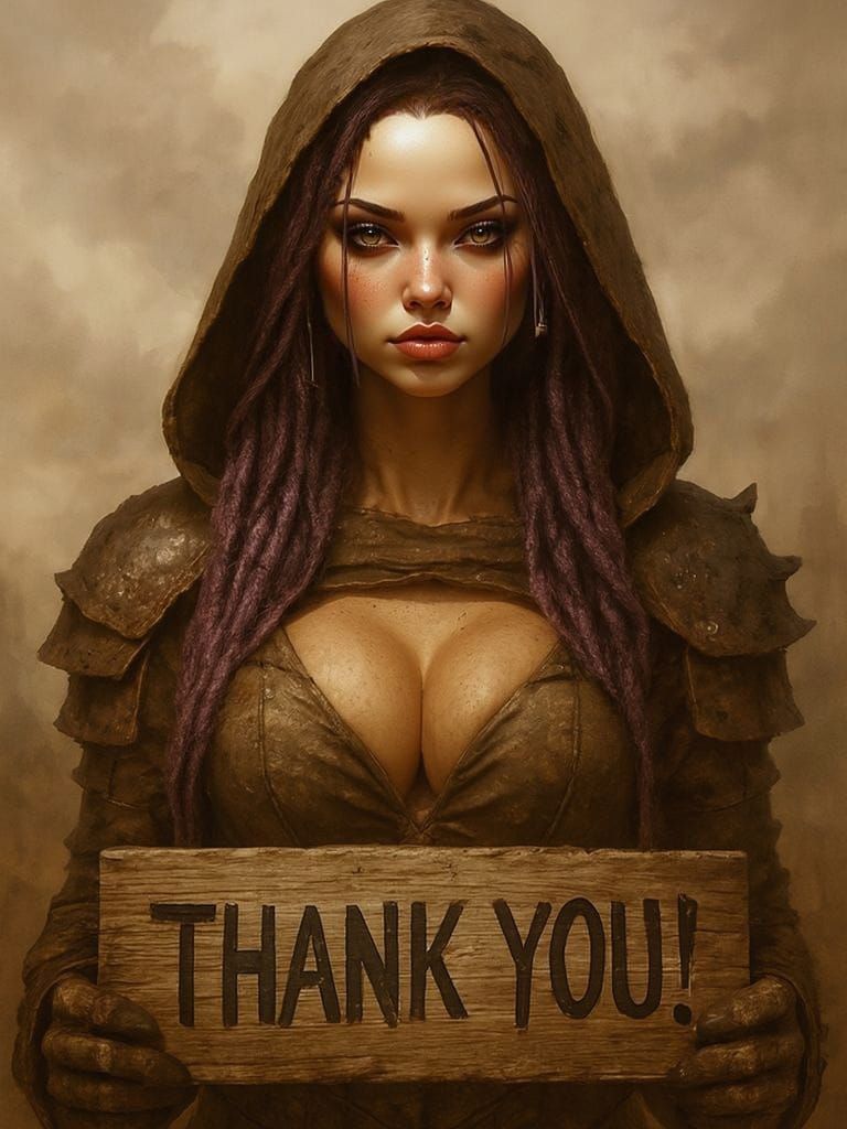 Rogue Woman with Purple Dreadlocks Holds 'Thank You' Sign