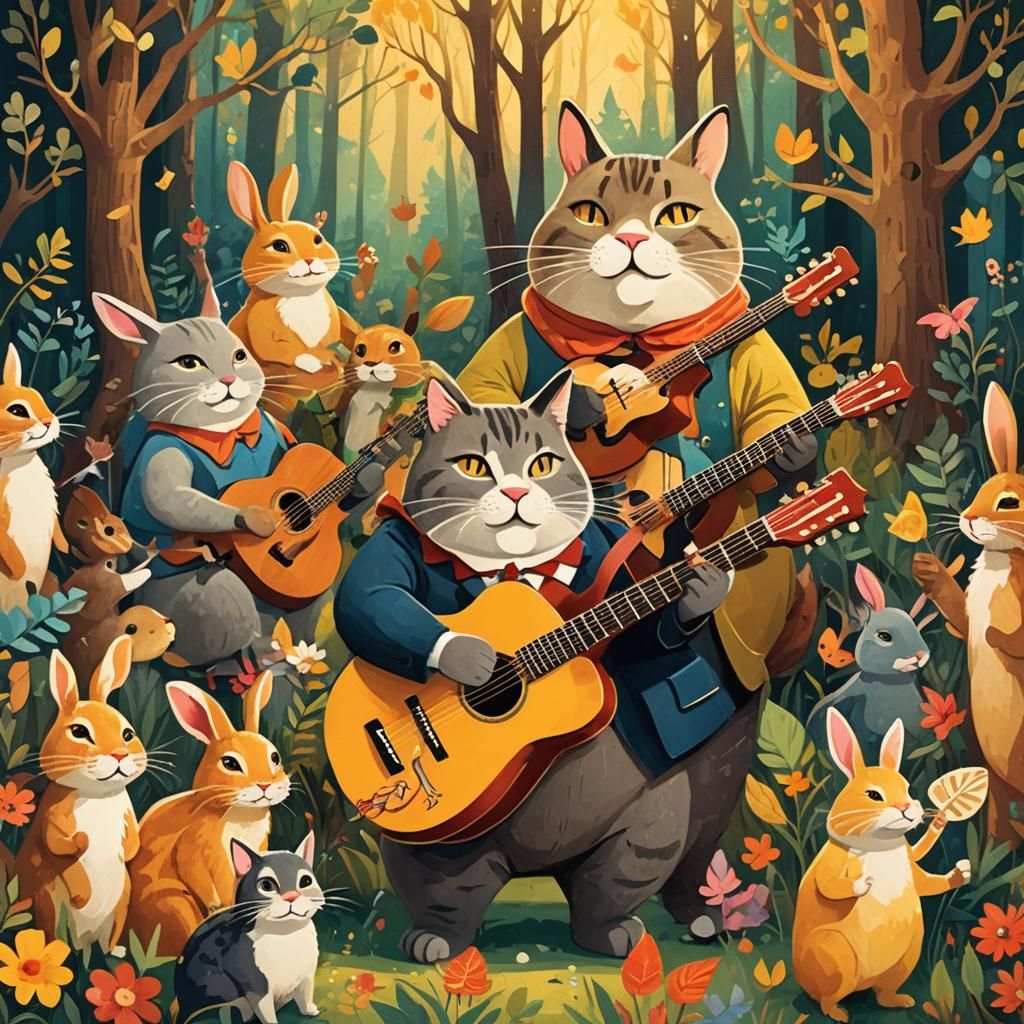 Whimsical Cat Orchestra in Colorful Woodland Illustration