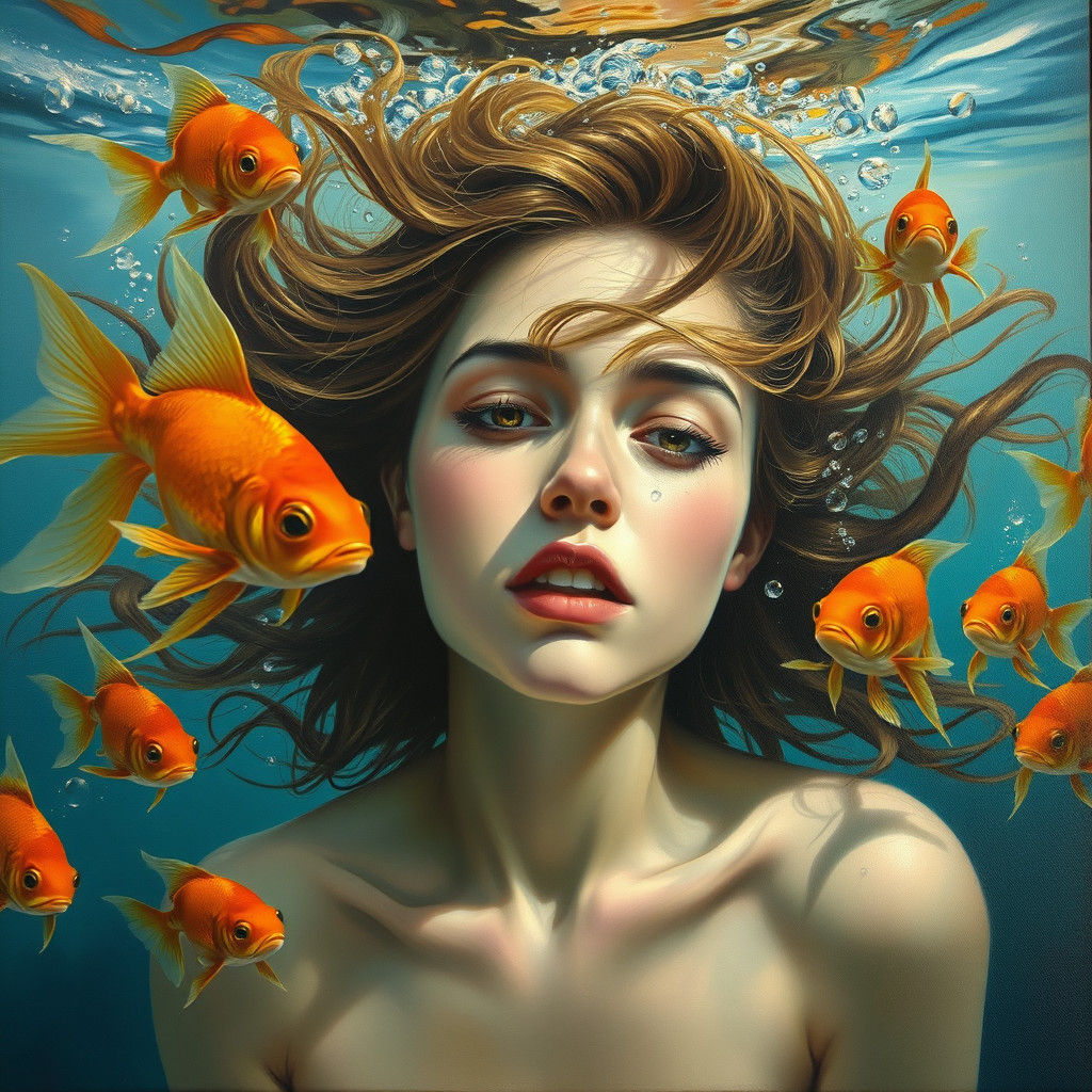 Realistic oil painting. Underwater portrait. Woman among goldfish. Hair floating in the water. Breathing bubbles.