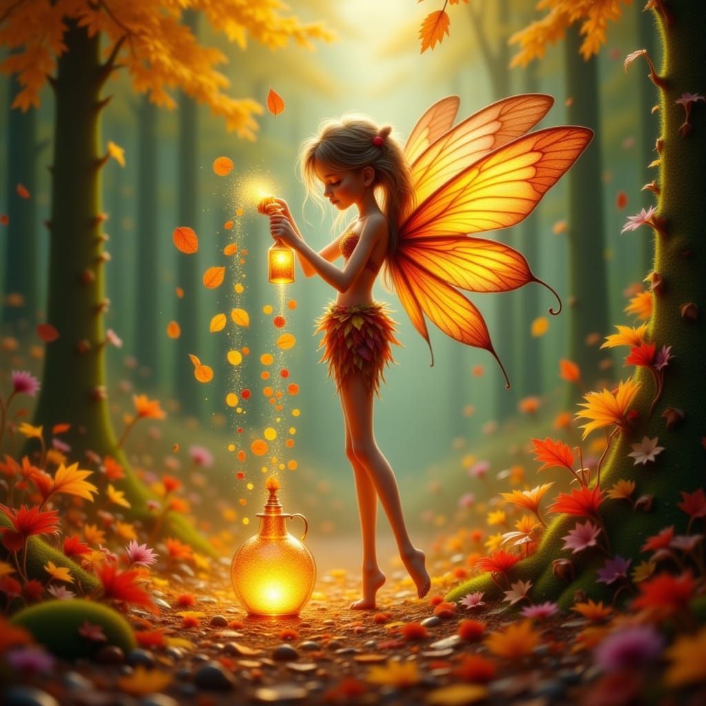 Fairy Pours Autumn Essence, Transforming Forest