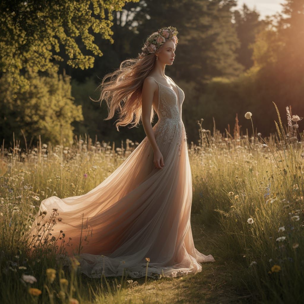 Woman with Floral Crown in Sun-Drenched Meadow