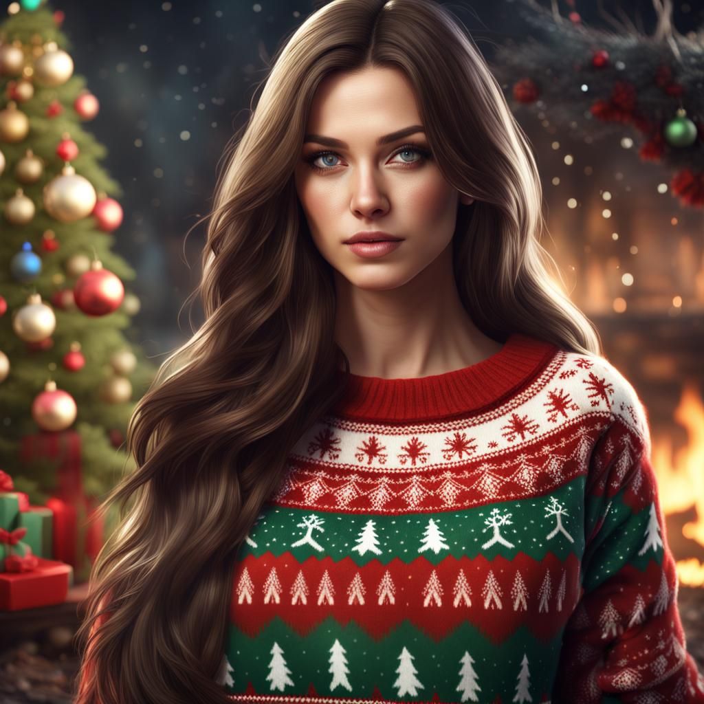 Brunette Woman in Christmas Sweater: Digital Art