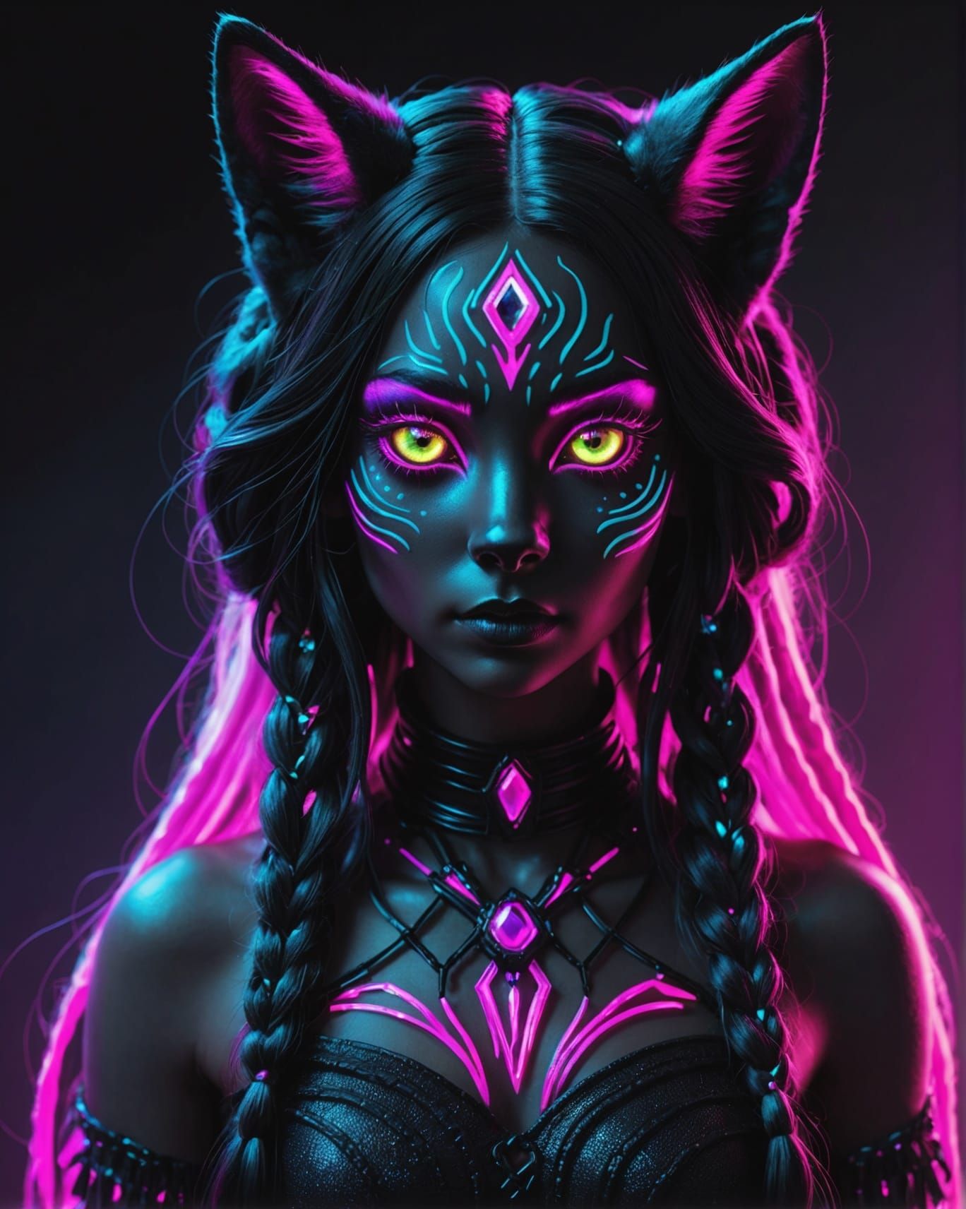 Realistic Wolf-Cat Girl in Neon Rainbow Colors