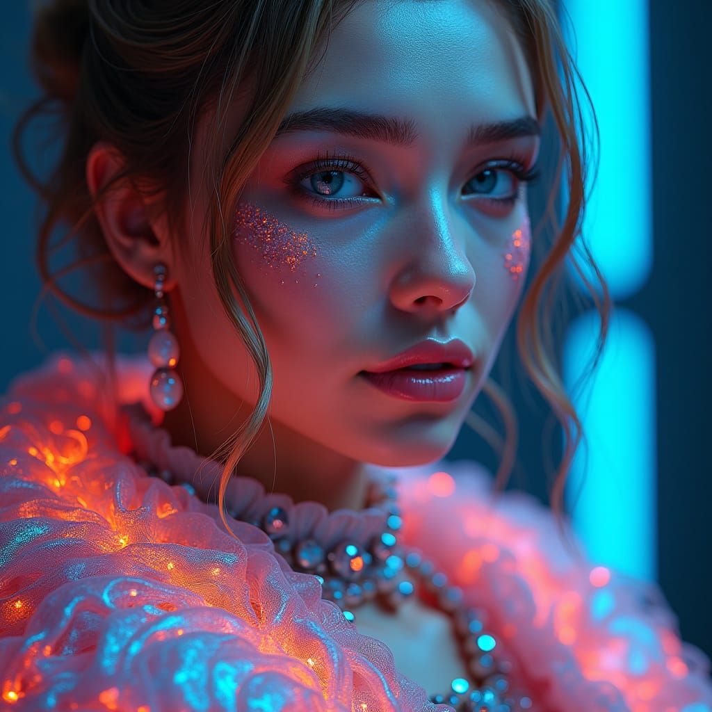 Iridescent Woman Portrait with Neon Jewelry