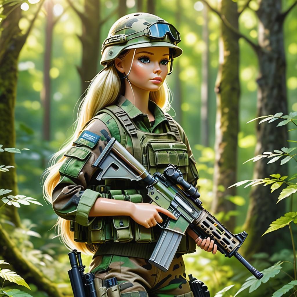 Barbie Doll Soldier in Forest, Impasto Fauvist Painting