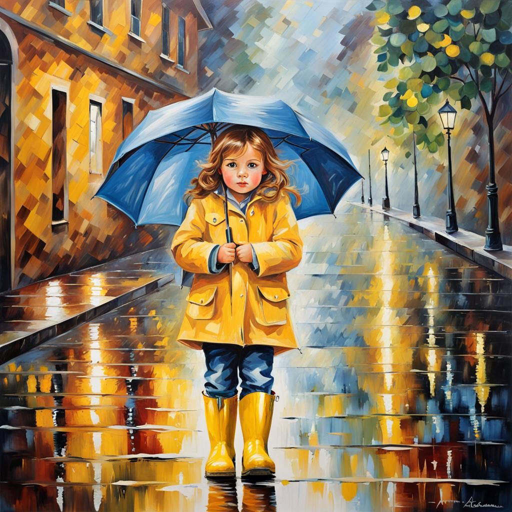 Preschooler in Rainy Street: Mosaic-Style Children's Art