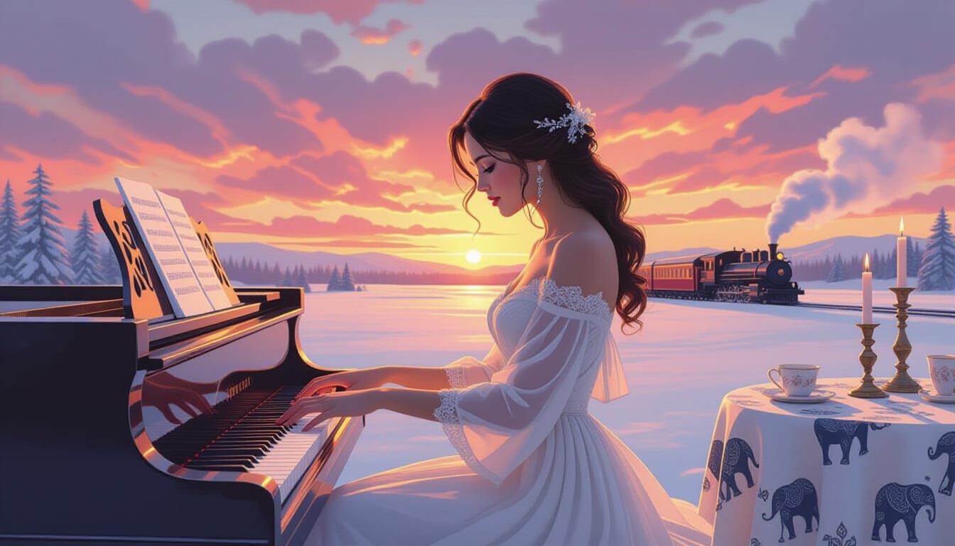 Woman at Piano in Snowy Sunset Landscape