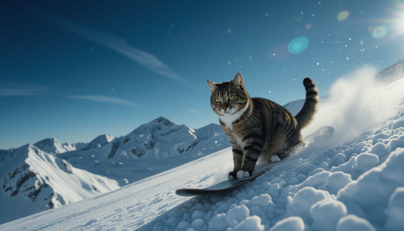 Cat Snowboarding Down Mountain Cinematic Masterpiece