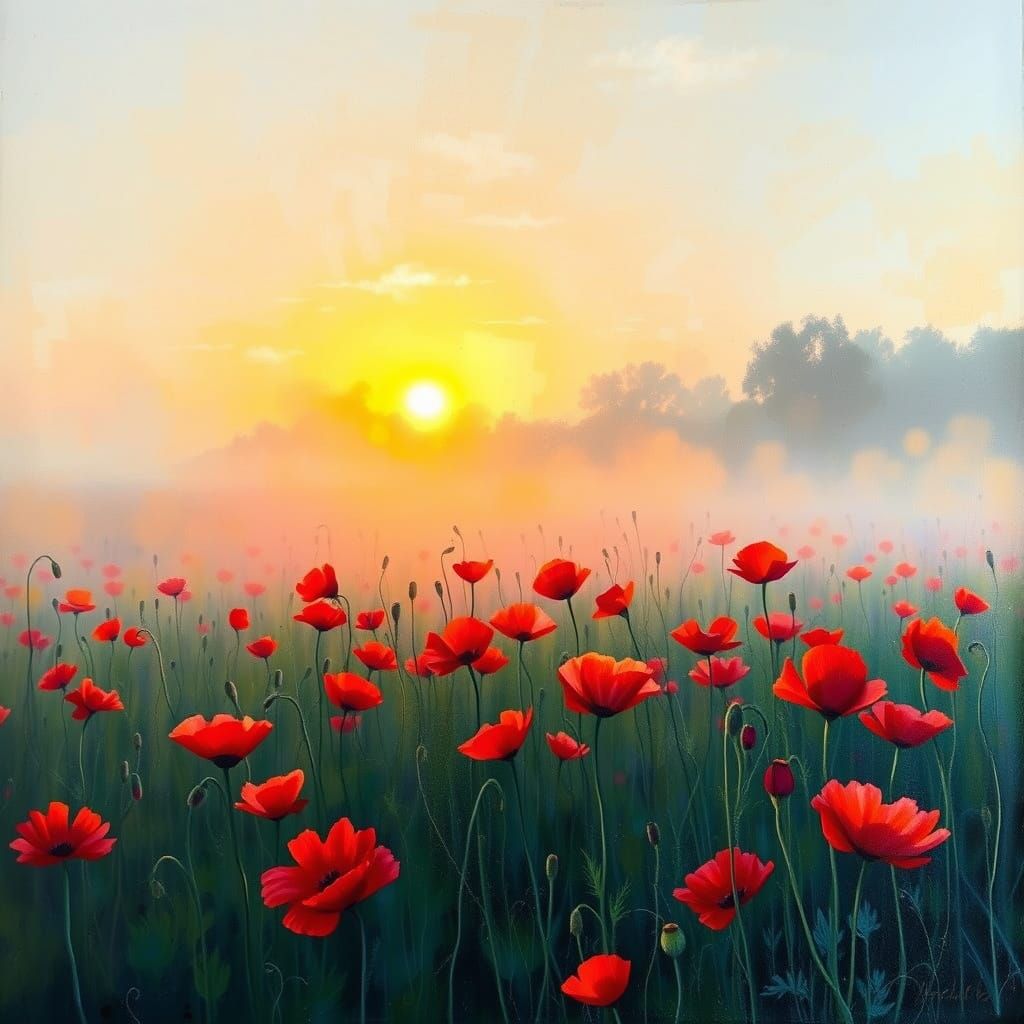 Poppy Field in Morning Mist: Mixed Media Art