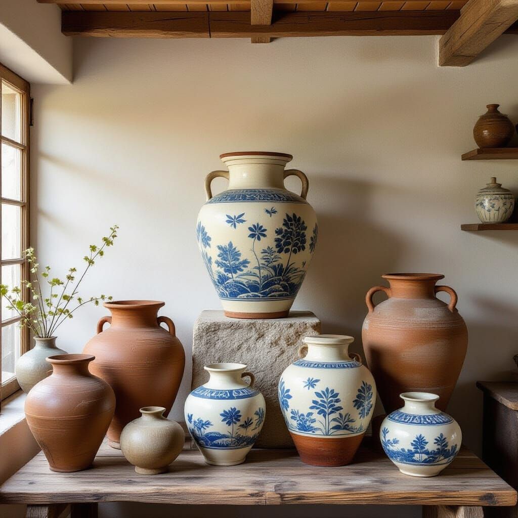 Biophilic Art: Old Clay Jars in Harmony