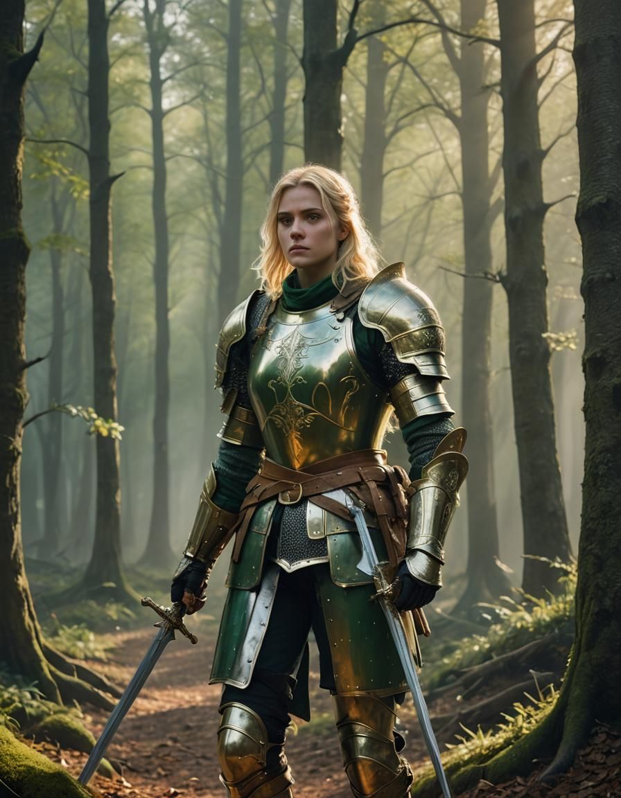 Blonde Knight in Green Armor in Misty Forest