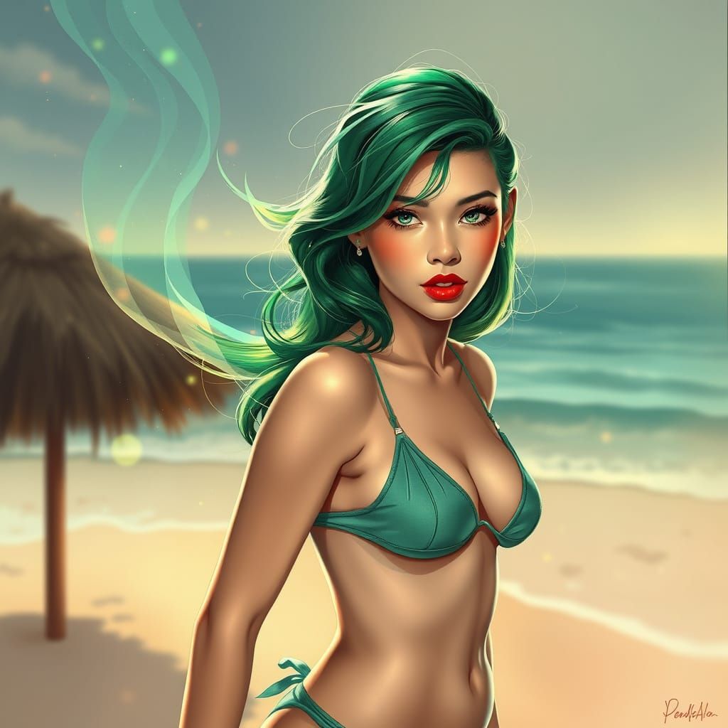 Green-Haired Pin-Up in Digital Illustration Style