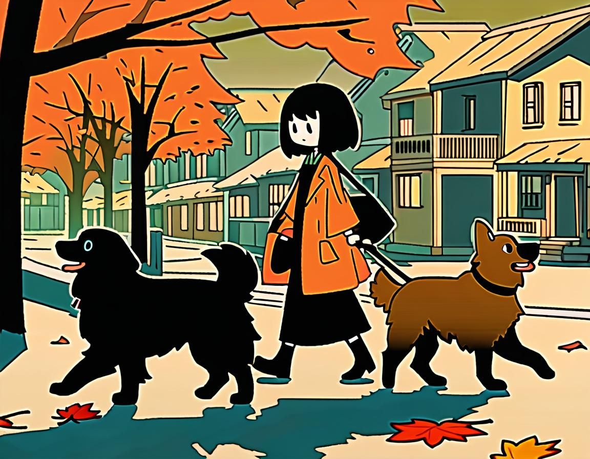 Chibi Woman and Dog in Autumn Anime Style