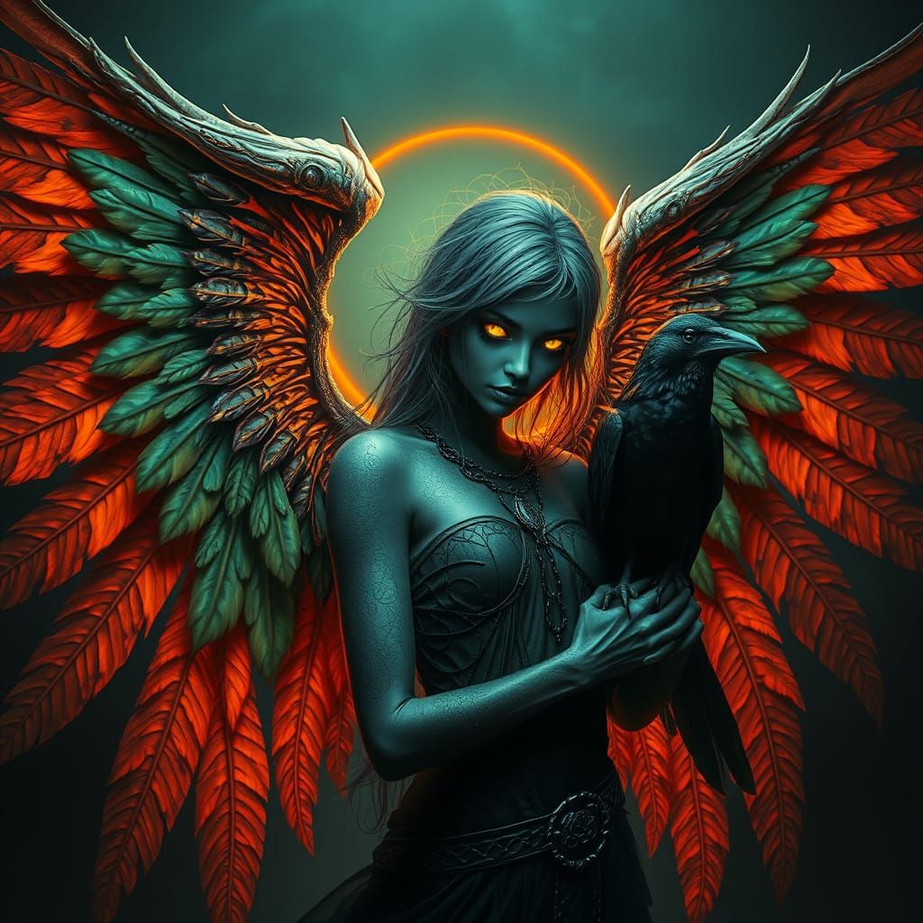 Dark Angel with Raven in Surrealist Gothic Style