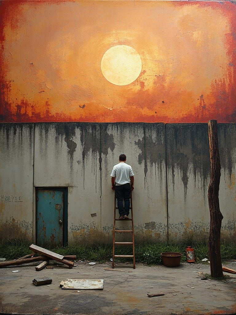 Surreal Decay: Man on Ladder Amidst Ruins