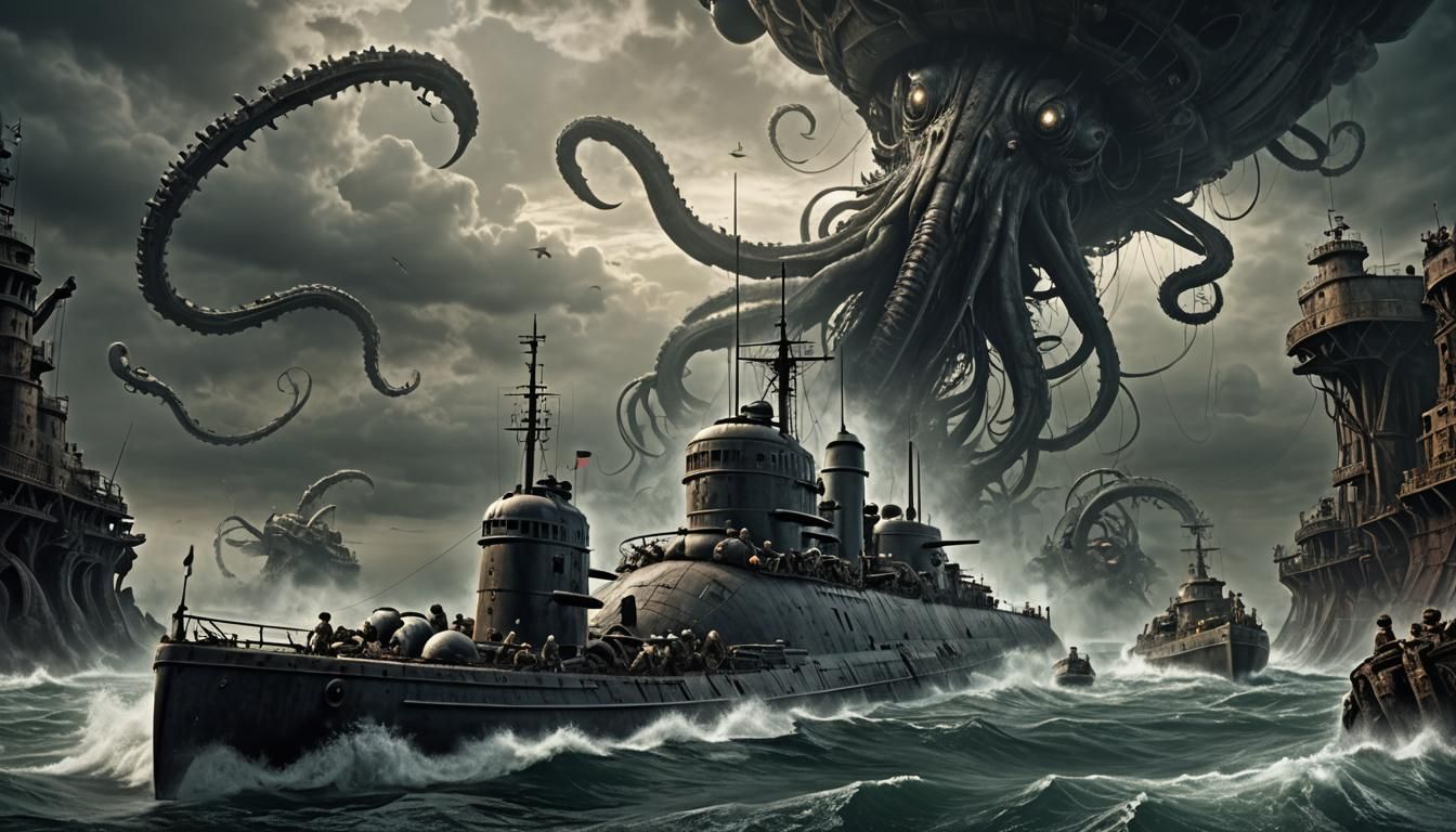 Kraken Attacks WW2 Submarine: HR Giger-Inspired Digital Art