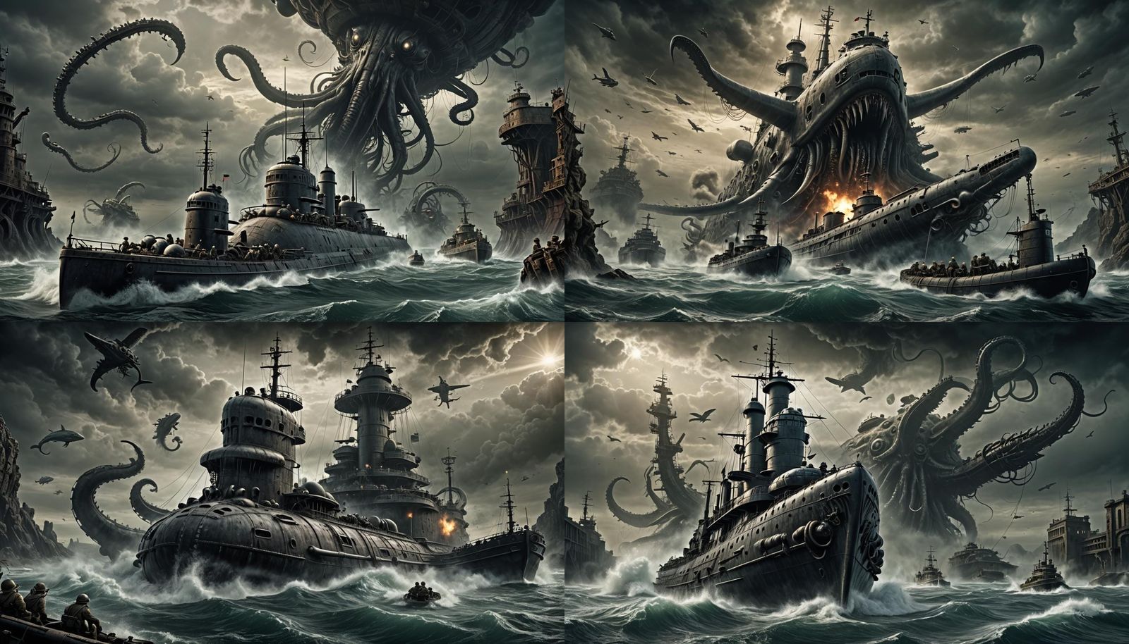 Kraken Attacks Submarine in Giger Style