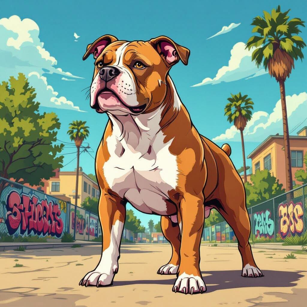 Muscular American Bully in GTA-Style Cartoon Panorama
