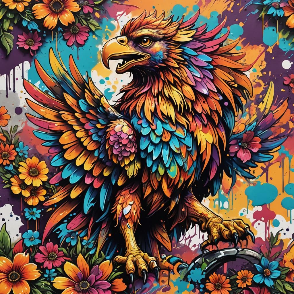 Graffiti Art Griffin Made of Colorful Flowers