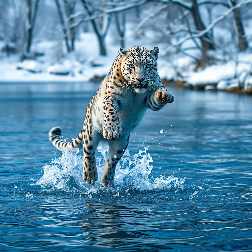 Snow Leopard Leaps from Icy River