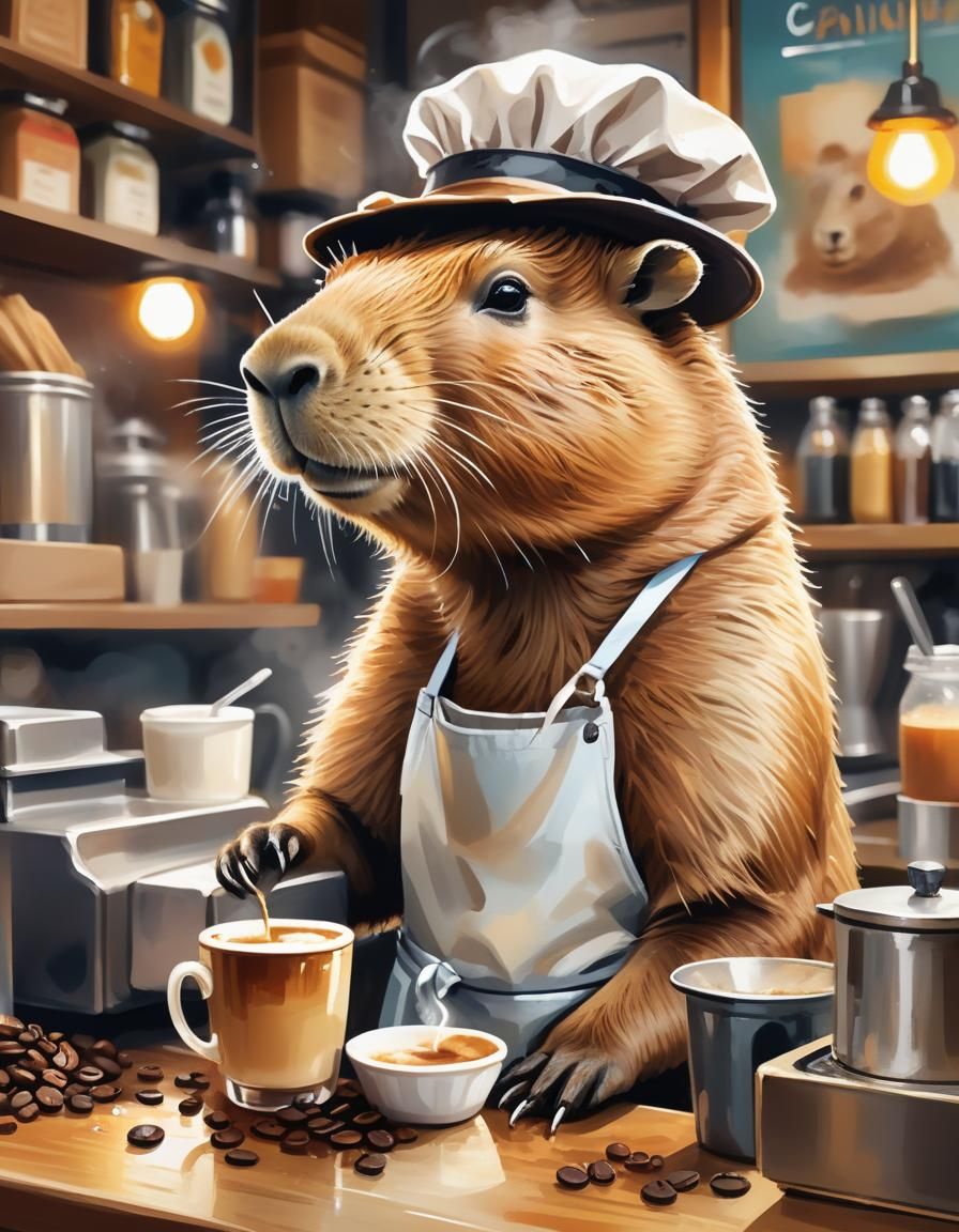 Capybara Barista: Whimsical Illustration in Impressionist St...