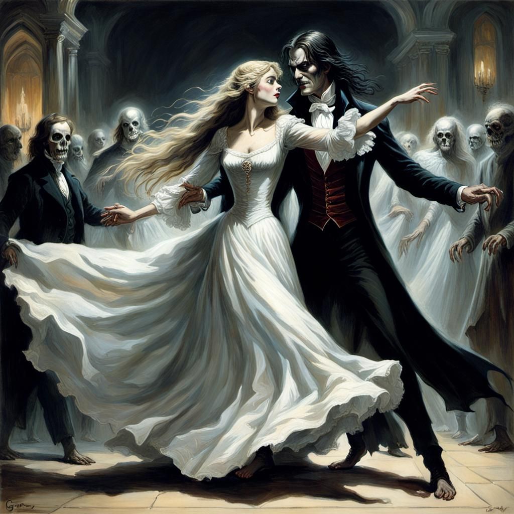 Handsome Vampire Dancing with Woman in Sinister Horror Style