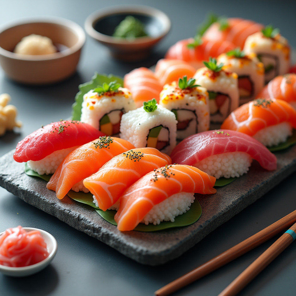 Vibrant Sushi Platter in a Digital Art Style