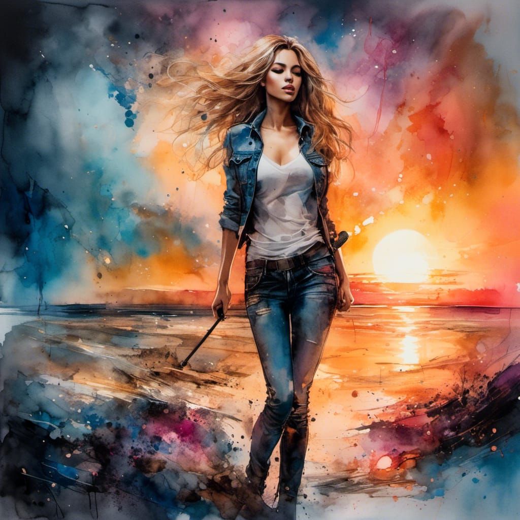 Woman Singing at Sunrise in Watercolor Style