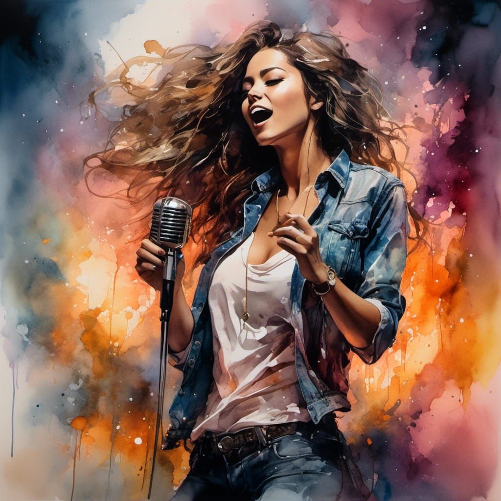 Woman Sings at Sunrise in Alcohol Ink Style