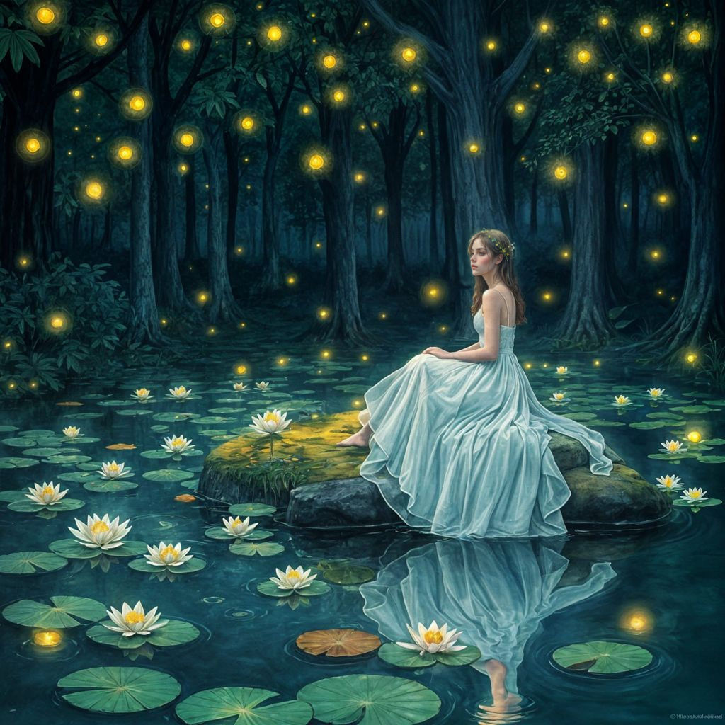 Dreamy Watercolor Night Scene of a Young Woman in a Pond