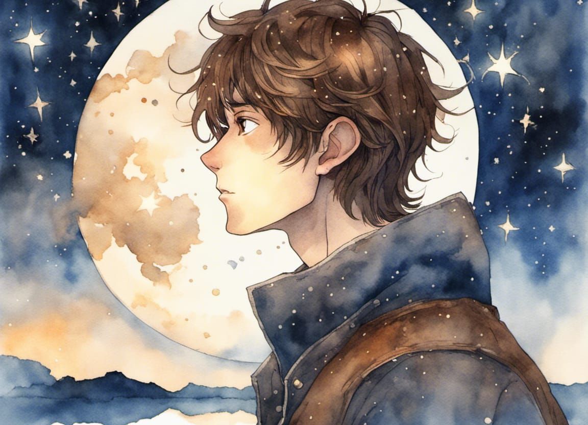 Man Watches Starry Night Sky in Watercolor