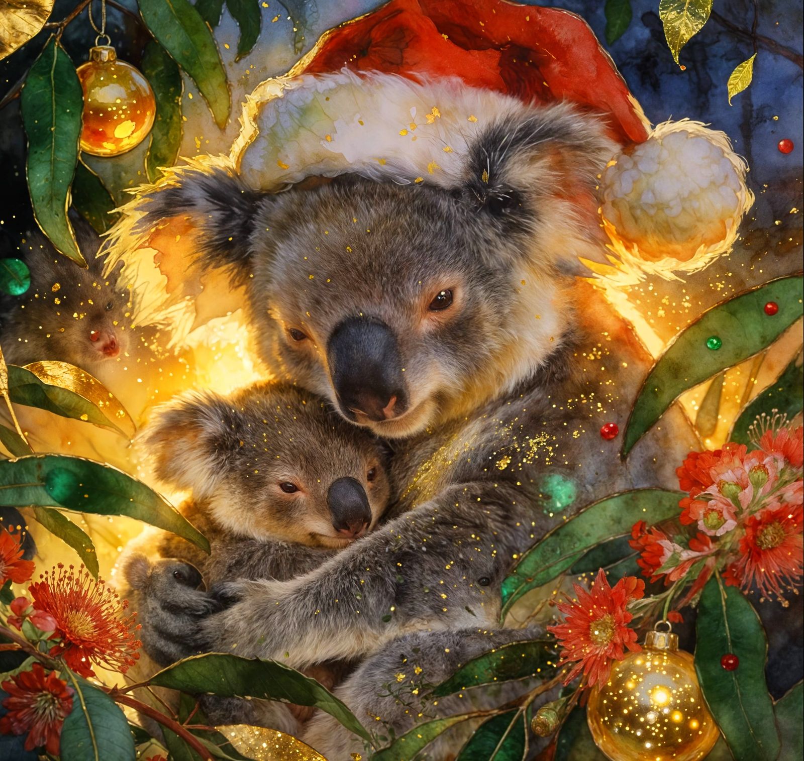 Koala Family Cuddles in Warm Impressionistic Christmas Scene