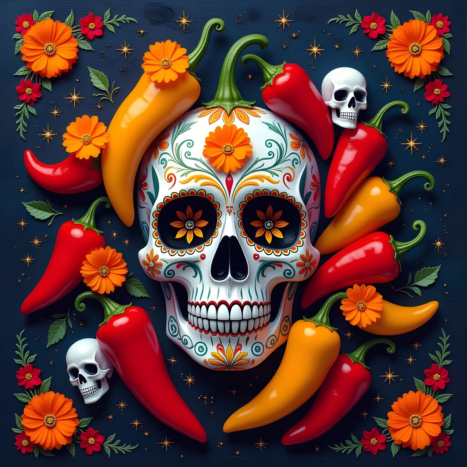 Day of the Dead Chile Peppers in Nebula, Maximalist Style