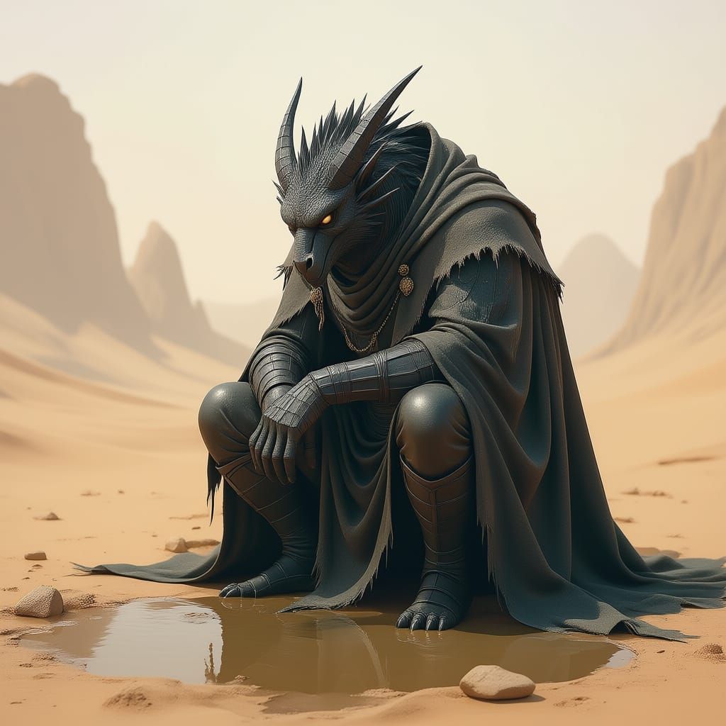 Sad Dragonborn Worships Dried Oasis in Gritty Fantasy Art