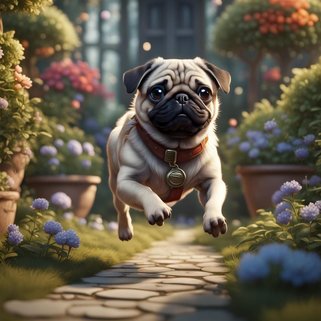 Pug Runs Through Garden: Detailed Matte Painting