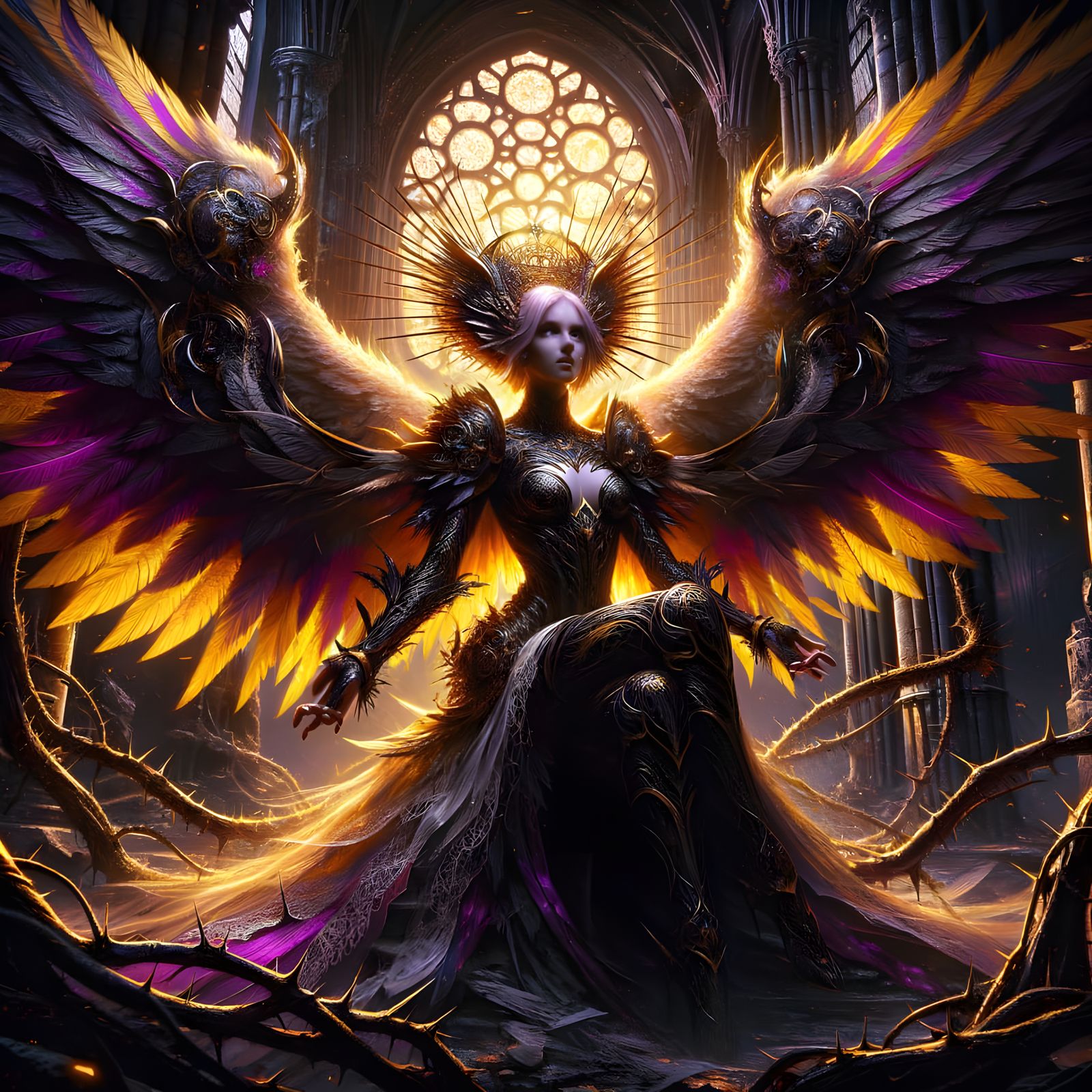 Celestial Being in Ruined Cathedral: A Dark Fantasy Scene