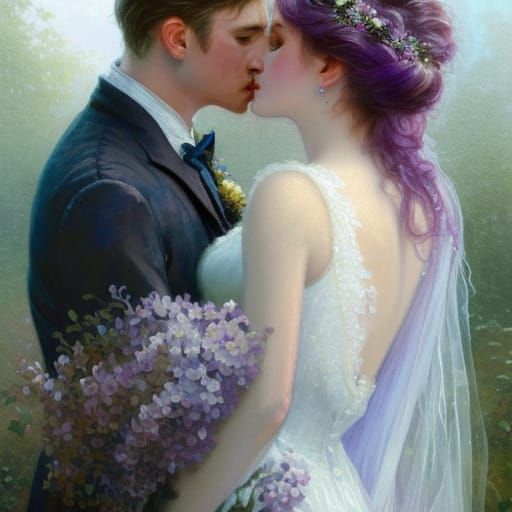 Lilac Bride and Groom Kissing in Watercolor Style