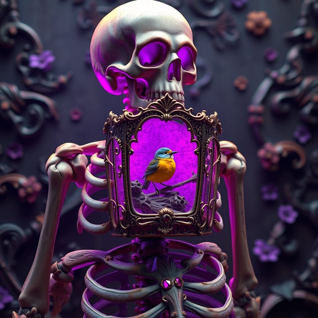 Ornate Birdhouse Skeleton in Dark Fantasy Style