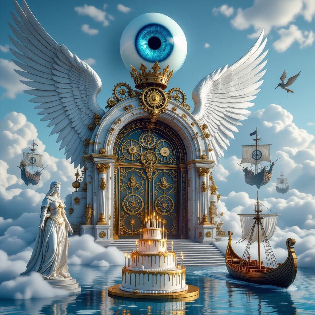 Steampunk Heaven Doorway with Angelic Wings and Viking Ships