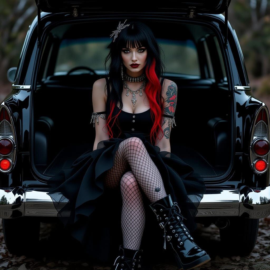 Gothic Woman in Hearse, Dark & Melancholic