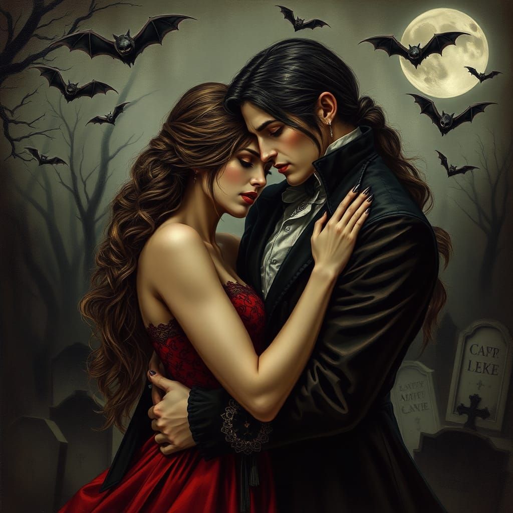Elegant Vampire Couple Embrace in Graveyard: Encaustic Style