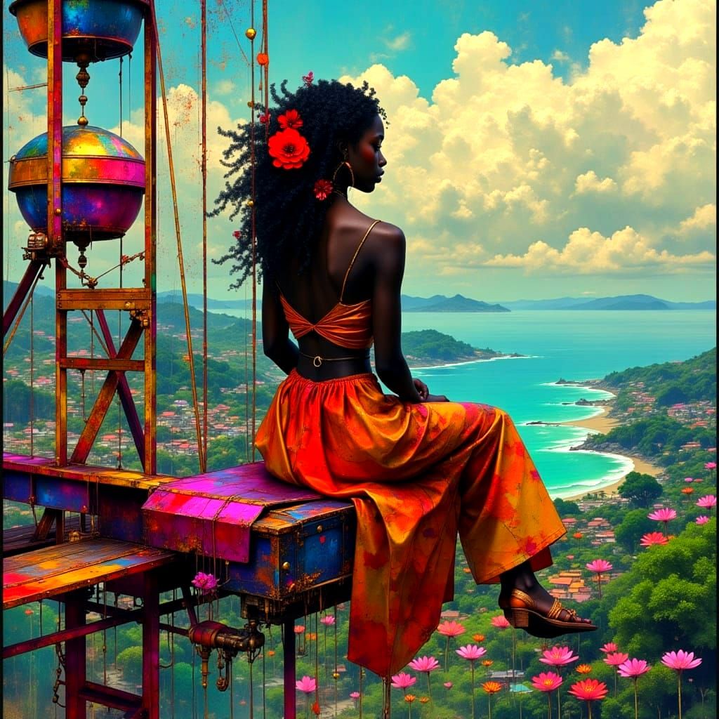 Woman in Ferris Wheel with Ocean View and Cottages