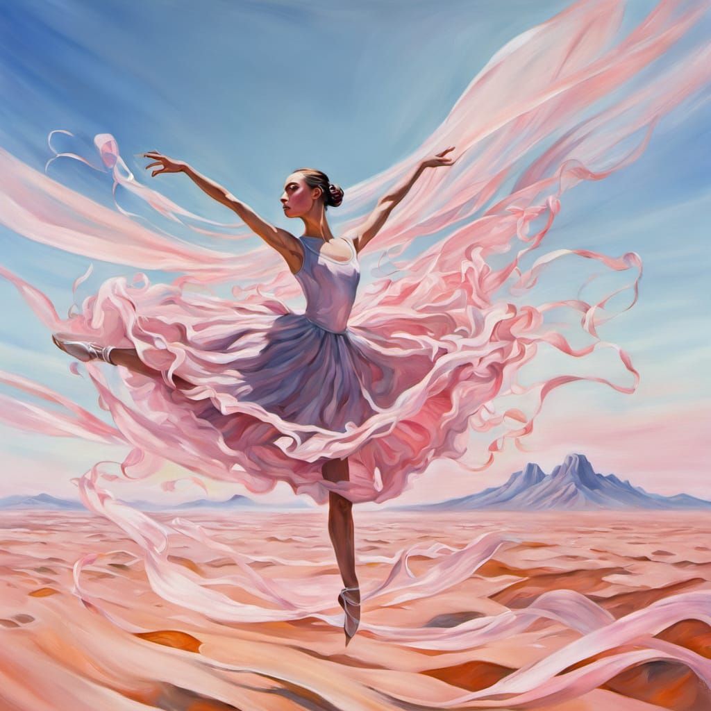 Surreal Ballerina in Desert Landscape, Oil Painting