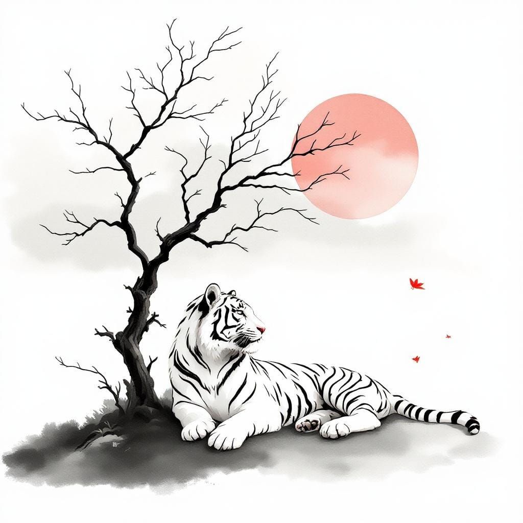 White Tiger in Japanese Ink Wash Style