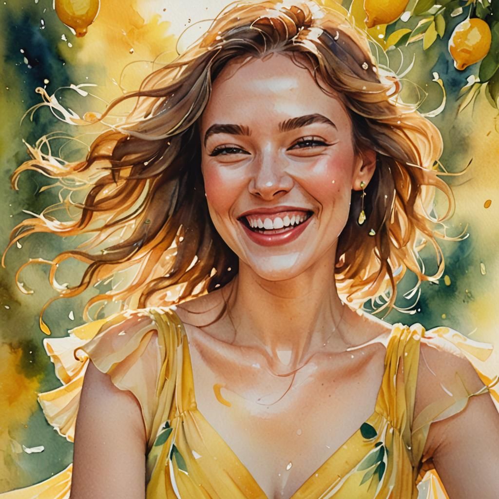 Smiling Girl in Lemon Dress, Watercolor Portrait