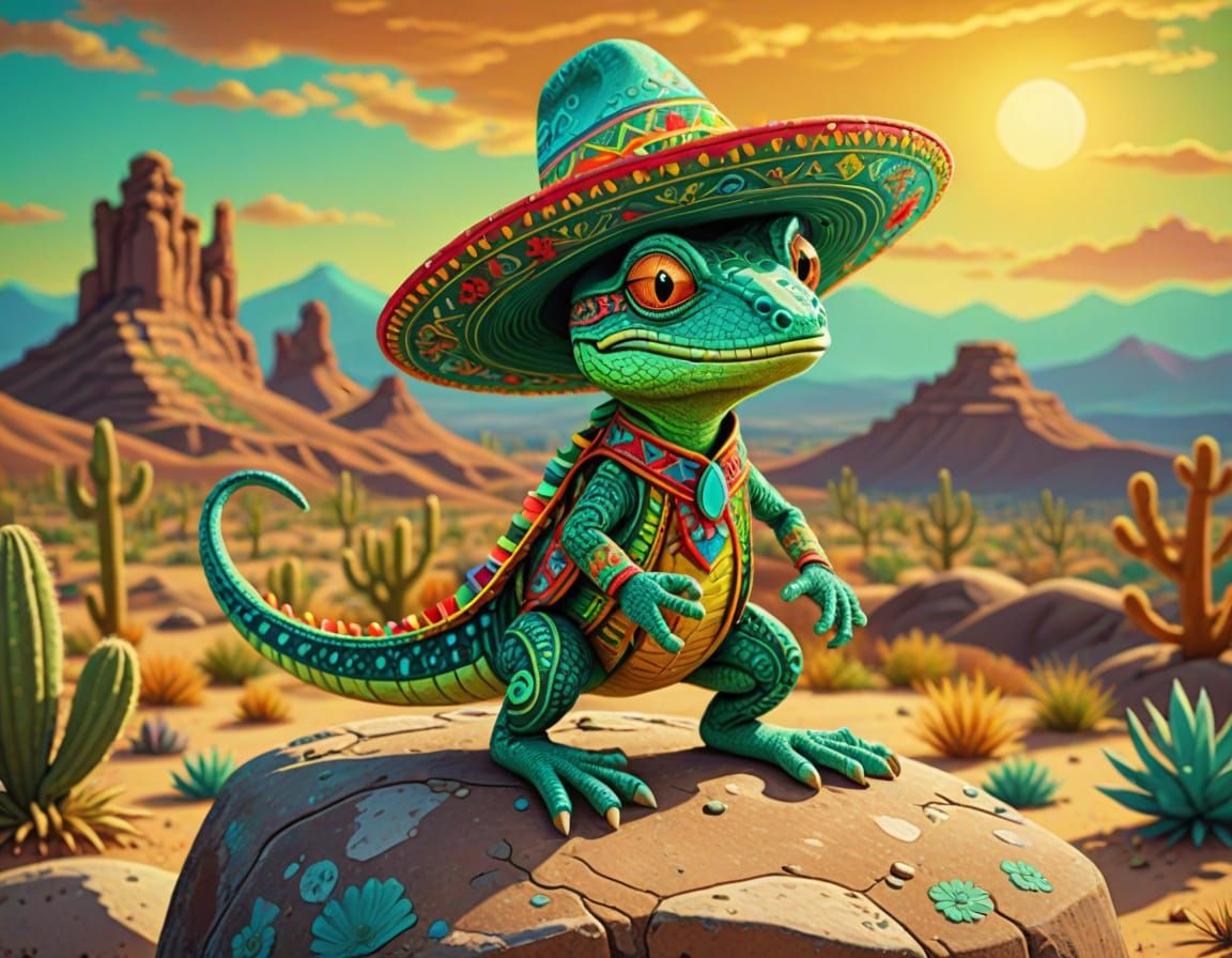 Cartoon Lizard Bandit in Desert, Pixar Style
