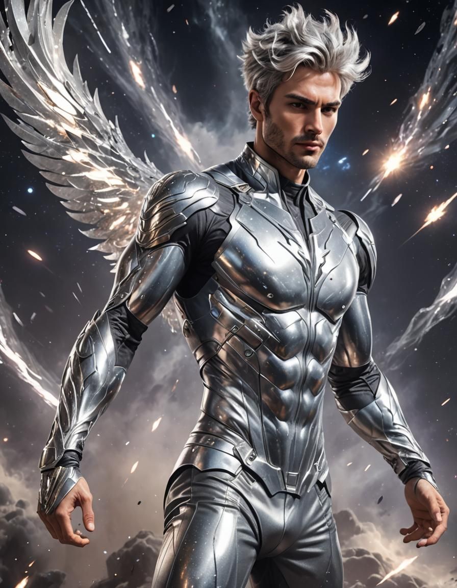 Futuristic Silver Hero Flies Through Space