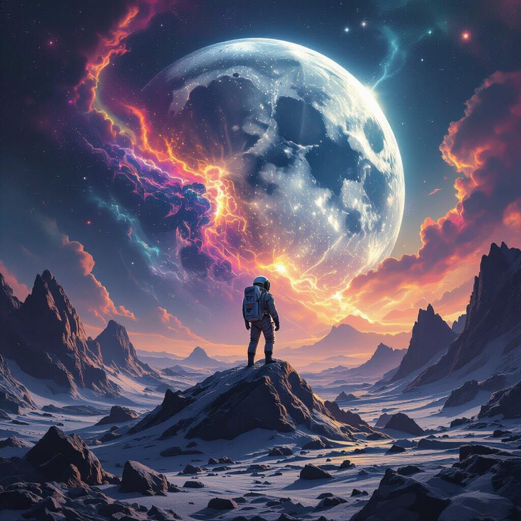 Astronaut on Crystalline Moon with Cosmic Horror Nebulae
